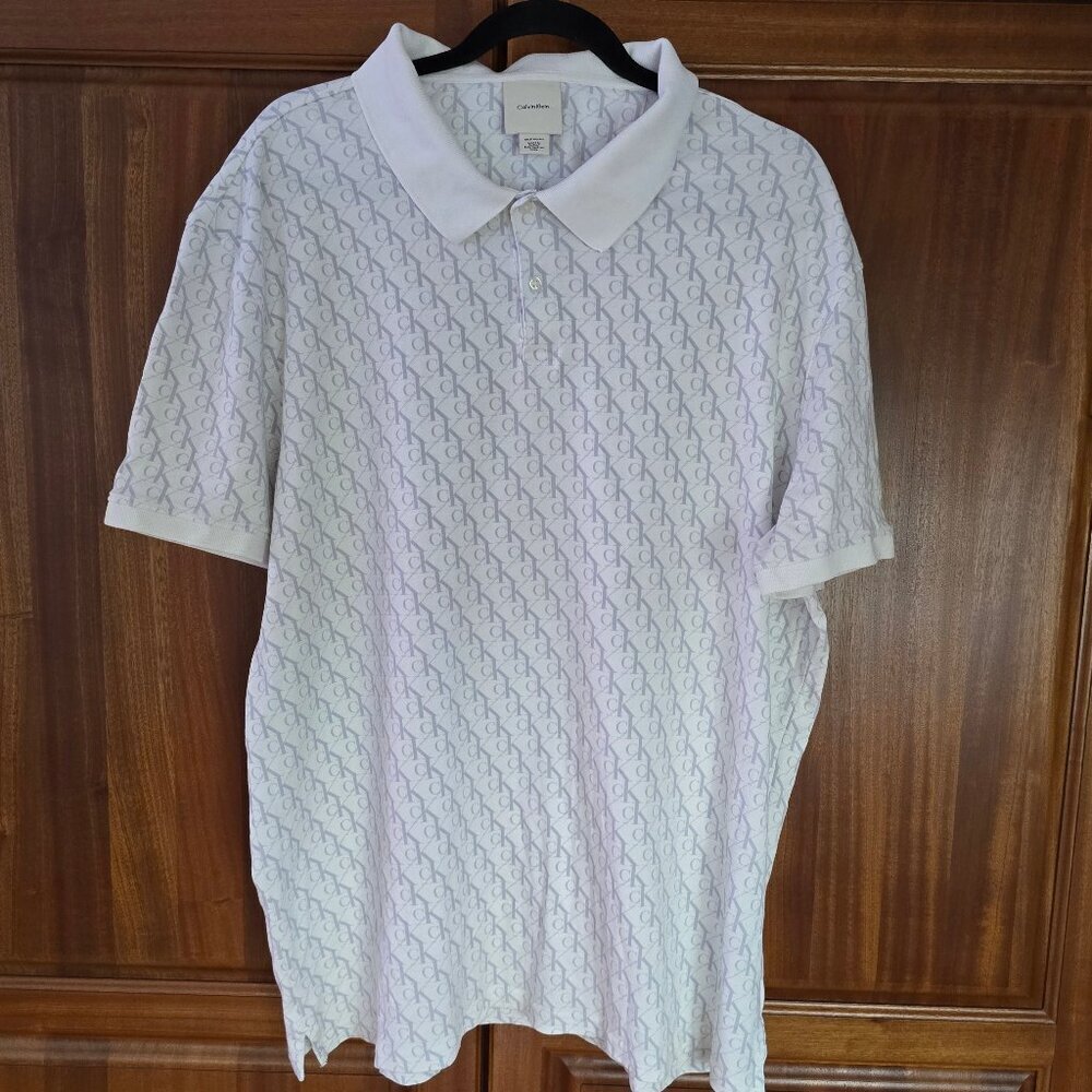 CALVIN KLEIN Polo shirt whithe grey pattern 100% cotton XXL